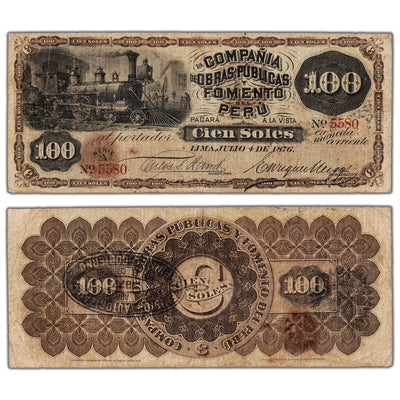 Peru Compania de Obras Publicas Y Fomento Del Peru 1876 100 Soles Note P #S449a - F/VF (many pinholes)