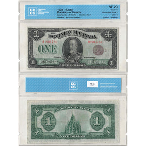 SOLD $1 1923 Dominion of Canada Note Bronze Seal Series B DC-25i - CCCS VF-20