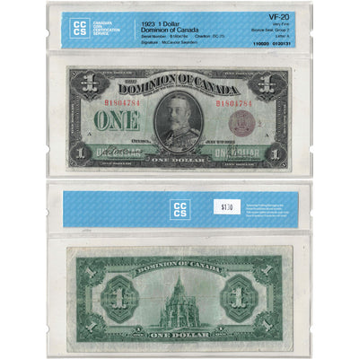 SOLD $1 1923 Dominion of Canada Note Bronze Seal Series B DC-25i - CCCS VF-20