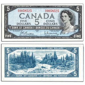 SOLD $5 1954 Bank of Canada Note Beattie-Rasminsky I/X Prefix BC-39b - EF/AU