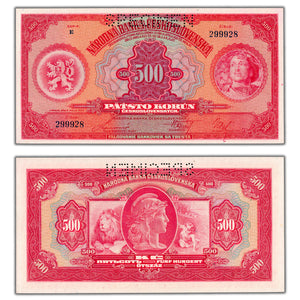 SOLD Czechoslovakia 1929 500 Korun Specimen Note P #24s - UNC