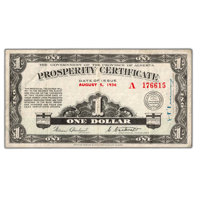 SOLD $1 1936 Alberta Prosperity Certificate Note 17 Stamps A-1 - VF+