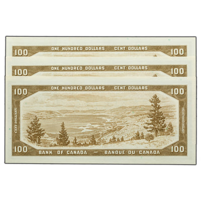 SOLD $100 1954 Bank of Canada Notes B/J Prefix BC-43b - 3 Consecutive UNC