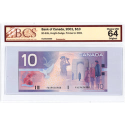 $10 2001 Bank of Canada Note Knight-Dodge FDZ Prefix BC-63b - BCS Ch UNC-64