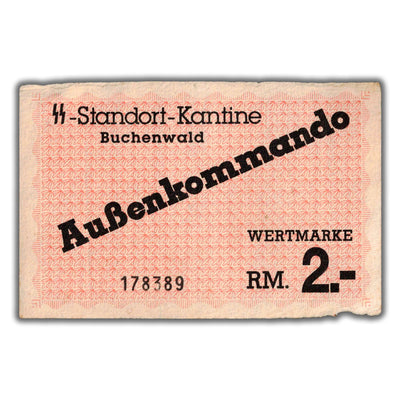 SOLD Germany 1944 WWII Buchenwald 2 Reichsmark Concentration Camp Note - Damage