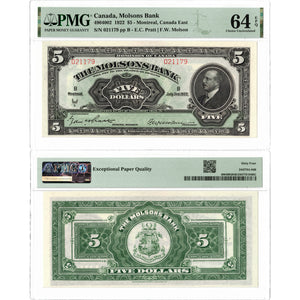 SOLD $5 1922 Molsons Bank Canada Chartered Note #490-40-02 - PMG Ch UNC-64 EPQ