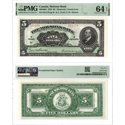 SOLD $5 1922 Molsons Bank Canada Chartered Note #490-40-02 - PMG Ch UNC-64 EPQ