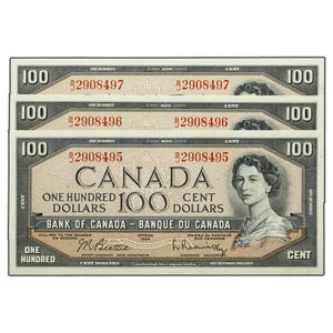 SOLD $100 1954 Bank of Canada Notes B/J Prefix BC-43b - 3 Consecutive UNC