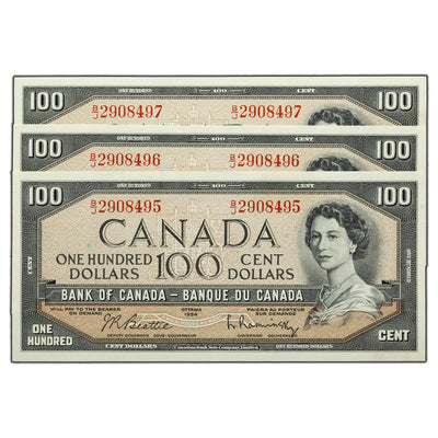 SOLD $100 1954 Bank of Canada Notes B/J Prefix BC-43b - 3 Consecutive UNC