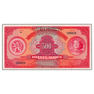 SOLD Czechoslovakia 1929 500 Korun Specimen Note P #24s - UNC
