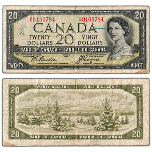 SOLD $20 1954 Bank of Canada Note Devil Face D/E Prefix BC-33b - Writing