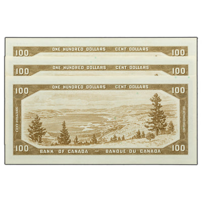 SOLD $100 1954 Bank of Canada Notes B/J Prefix BC-43b - 3 Consecutive UNC