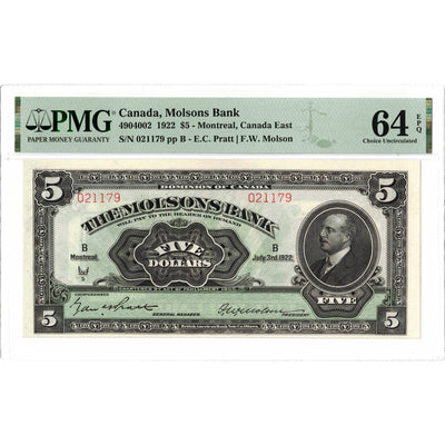 SOLD $5 1922 Molsons Bank Canada Chartered Note #490-40-02 - PMG Ch UNC-64 EPQ