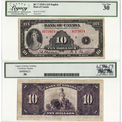 $10 1935 Bank of Canada Note English Text BC-7 - Legacy VF-30