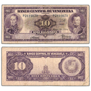 Venezuela 1956 10 Ten Bolivares Note P #31 - Circulated (writing)