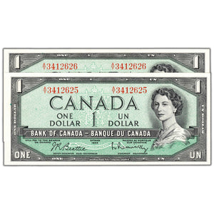 SOLD $1 1954 Bank of Canada Notes A/Y Prefix BC-37b - 2 Consecutive Choice UNC