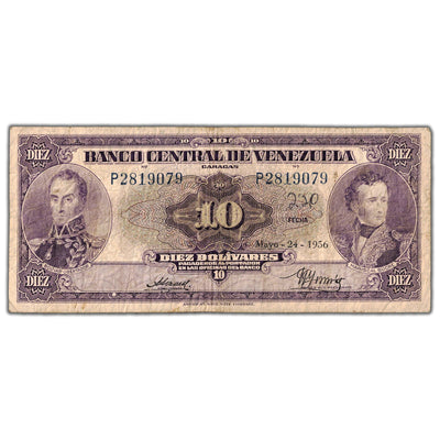Venezuela 1956 10 Ten Bolivares Note P #31 - Circulated (writing)
