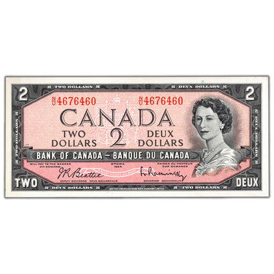 $2 1954 Bank of Canada Note Beattie-Rasminsky N/U Prefix BC-38b - Choice UNC