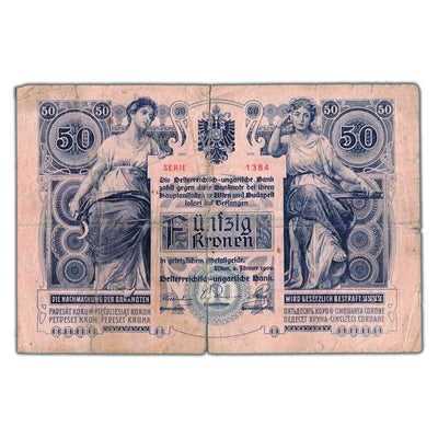 Austria Hungary 1902 50 Fifty Kronen Note P #6 - Large Tear