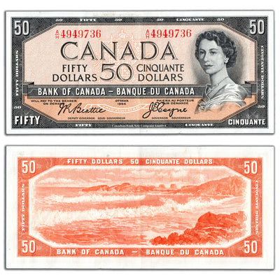SOLD $50 1954 Bank of Canada Note Beattie-Coyne A/H Prefix BC-42a