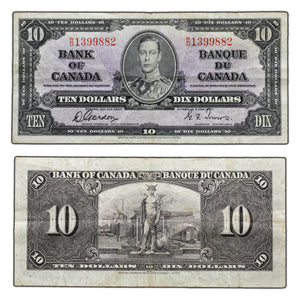 SOLD $10 1937 Bank of Canada Note Gordon-Towers W/D Prefix BC-24b - F/VF