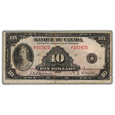 SOLD $10 1935 Banque du Canada Note French Text BC-8 - Small Piece Missing