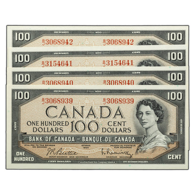 SOLD $100 1954 Bank of Canada Notes B/J Prefix BC-43b - 4 Consecutive UNC