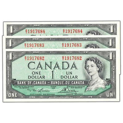 $1 1954 Bank of Canada Notes B/I Prefix BC-37d - 3 Consecutive Choice UNC