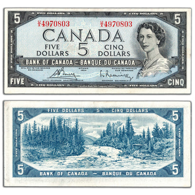 $5 1954 Bank of Canada Note Bouey-Rasminsky U/X Prefix BC-39c - VF/EF
