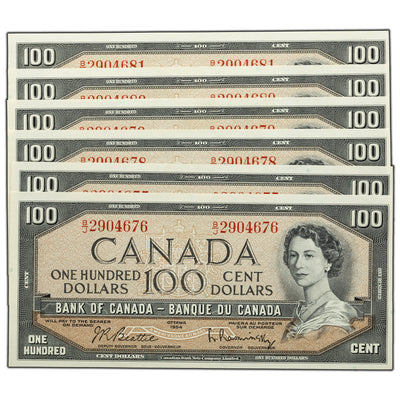 SOLD $100 1954 Bank of Canada Notes B/J Prefix BC-43b - 6 Consecutive UNC