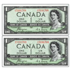 SOLD $1 1954 Bank of Canada Devil Face Notes B/A Prefix BC-29a - 2 Consec. Ch UNC