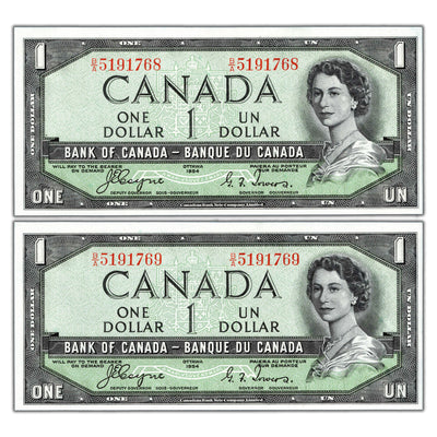 SOLD $1 1954 Bank of Canada Devil Face Notes B/A Prefix BC-29a - 2 Consec. Ch UNC