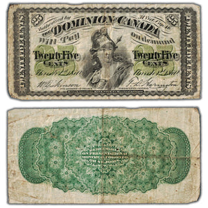 SOLD 25 Cents 1870 Dominion of Canada Shinplaster Note DC-1c - VG/F