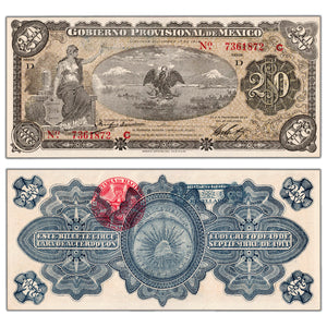 SOLD Mexico Gobierno Provisional 1914 20 Twenty Pesos Note - AU/UNC