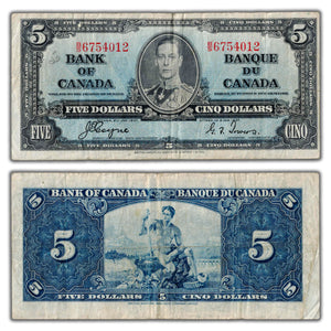 SOLD $5 1937 Bank of Canada Note Coyne-Towers B/S Prefix BC-23c - Writing