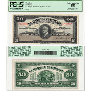 SOLD $50 1922 La Banque Nationale Quebec City Canada Specimen Note - PCGS AU-55
