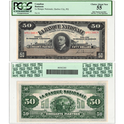 SOLD $50 1922 La Banque Nationale Quebec City Canada Specimen Note - PCGS AU-55