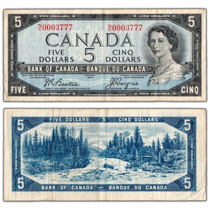 SOLD $5 1954 Bank of Canada Note Beattie-Coyne Lower Serial #3777 BC-39a - VF