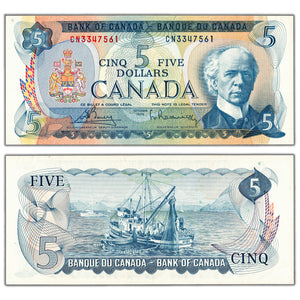 SOLD $5 1972 Bank of Canada Note Bouey-Rasminsky CN Prefix BC-48a - AU+