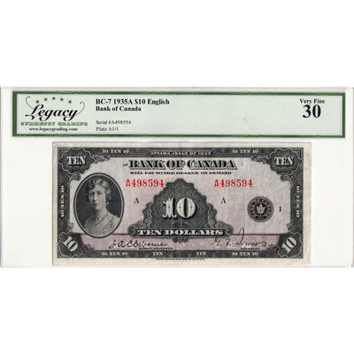 $10 1935 Bank of Canada Note English Text BC-7 - Legacy VF-30