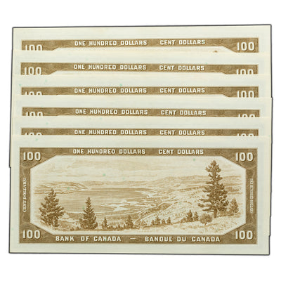 SOLD $100 1954 Bank of Canada Notes B/J Prefix BC-43b - 6 Consecutive UNC