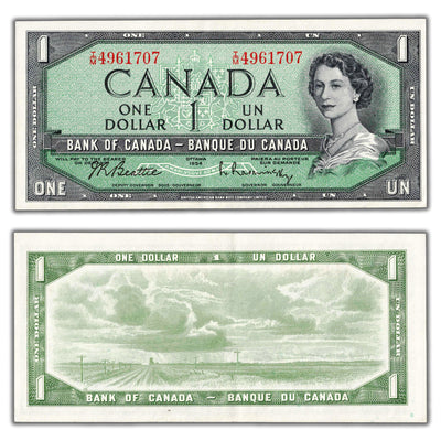 SOLD $1 1954 Bank of Canada Note Beattie-Rasminsky I/M Prefix BC-37b-i - AU