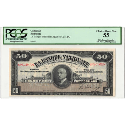 SOLD $50 1922 La Banque Nationale Quebec City Canada Specimen Note - PCGS AU-55