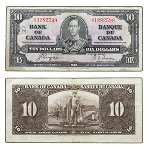 SOLD $10 1937 Bank of Canada Note Coyne-Towers K/T Prefix BC-24c - Writing