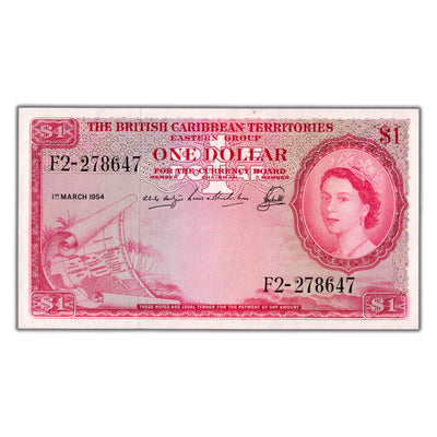 SOLD British Caribbean Territories 1954 $1 One Dollar Note P #7b - UNC
