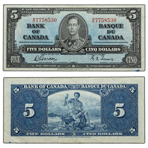 SOLD $5 1937 Bank of Canada Note Gordon-Towers S/C Prefix BC-23b - VF/EF