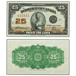 SOLD 25 Cents 1923 Dominion of Canada Shinplaster Note DC-24c - About EF