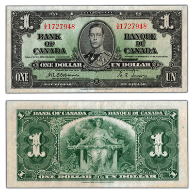 SOLD $1 1937 Bank of Canada Note Osborne Signature BC-21a - EF+ (stained)