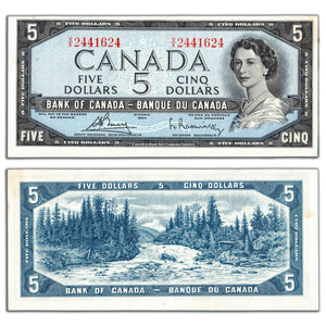 SOLD $5 1954 Bank of Canada Note Bouey-Rasminsky V/X Prefix BC-39c - EF
