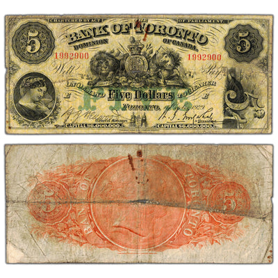 SOLD $5 1929 Bank of Toronto Canada Chartered Note #715-22-22 - Rust/Holes
